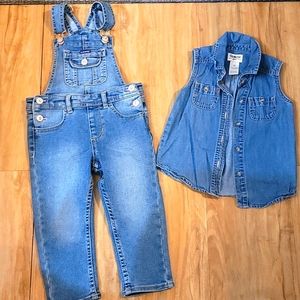 2 toddler girls overalls and Jean jacket
